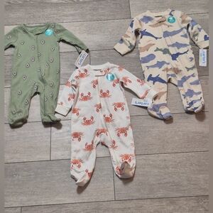 3 Carter's Green, White, and Cream Kids Footies Sleeper Set. Cotton & Polyester